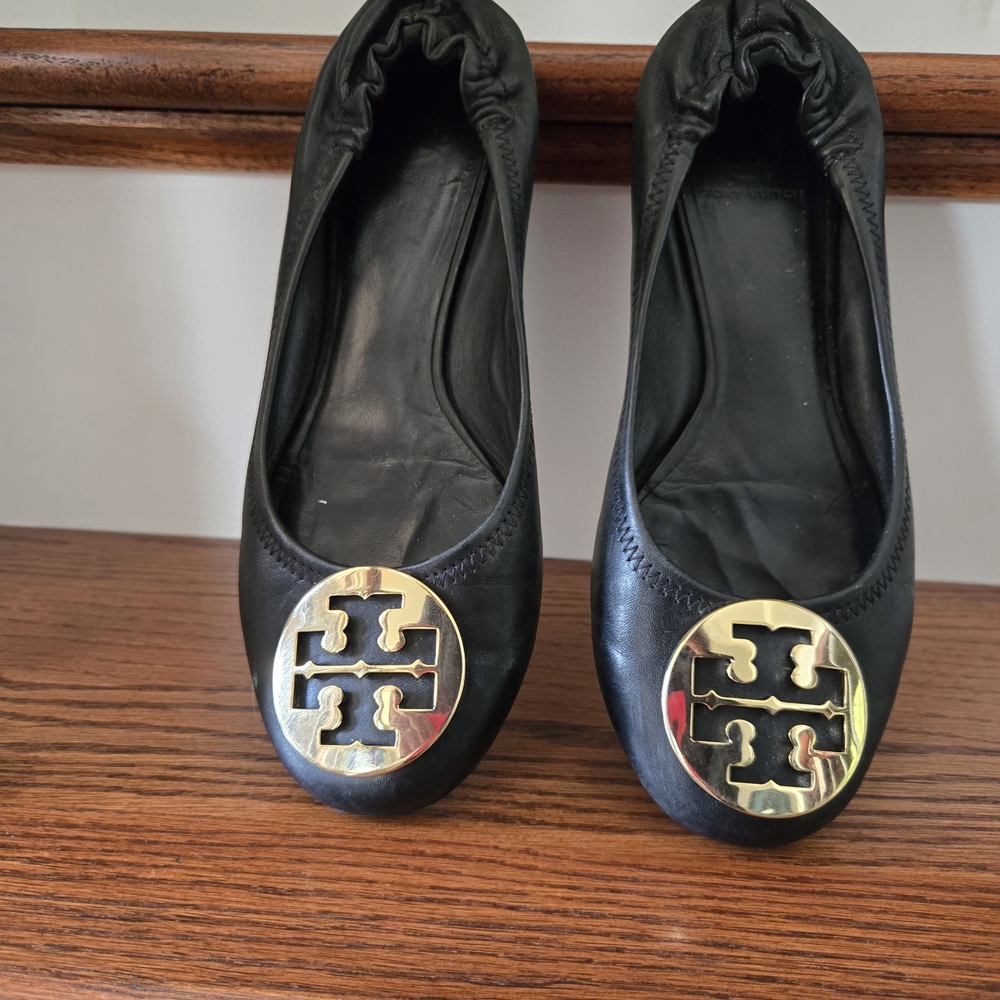 Tory Burch Black Ballet Flats with Gold Logo